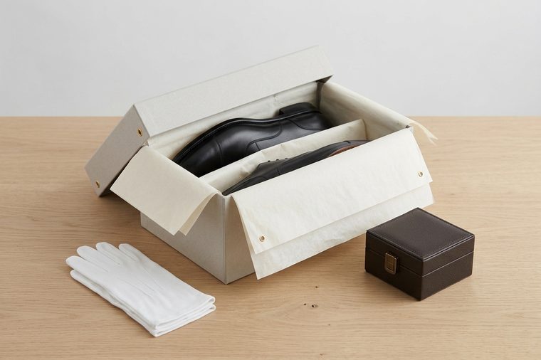 Souliers emballés dans du papier de soie, écrin de cuir et gants de coton