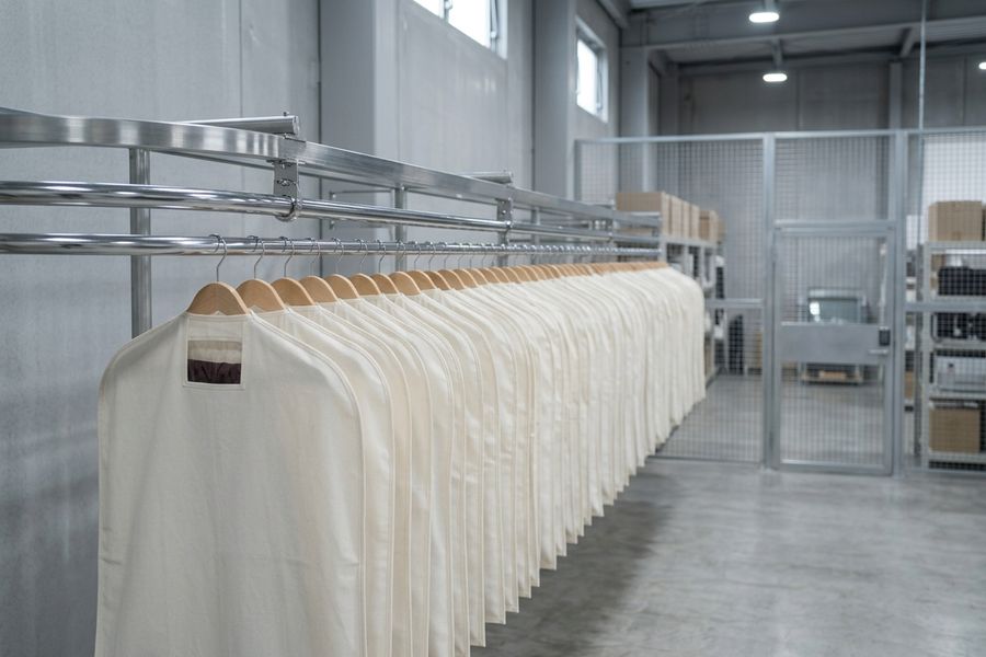 Housses de vêtements suspendues sur un convoyeur dans un local de stockage sécurisé